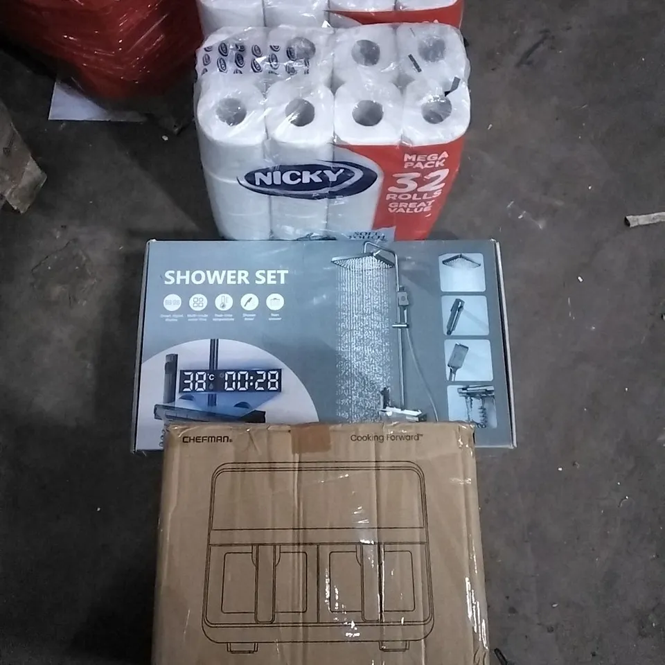 PALLET OF HOUSEHOLD ITEMS TO INCLUDE AIR FRYER, SHOWER SET,TOILET ROLLS AND OTHER ASSORTED ITEMS...