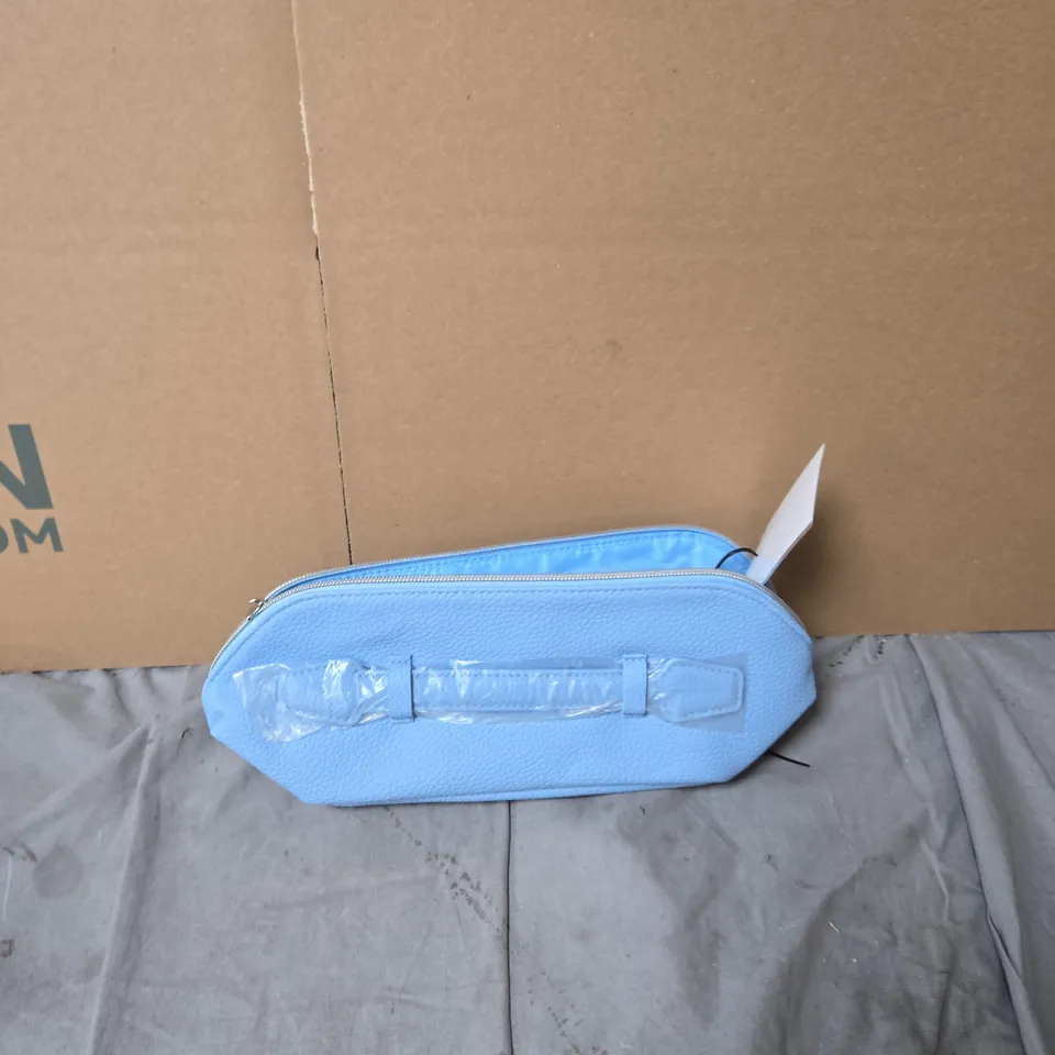 BOX OF ASSORTED CLOTHING ITEMS INCLUDING LIGHT BLUE ZIPPERED BAG ACCESSORY + PASTEL PATTERNED TRAINERS