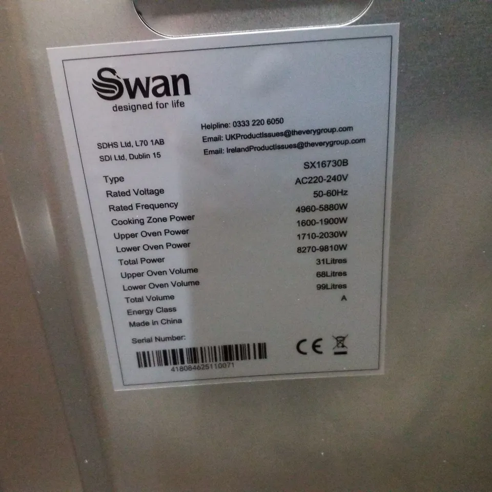 SWAN SX16730B 60CM ELECTRIC DOUBLE OVEN CERAMIC HOB COOKER - BLACK