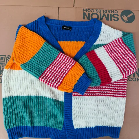 CIDER PATCHY STRIP KNITTED CARDIGAN IN MULTICOLOUR SIZE 0XL
