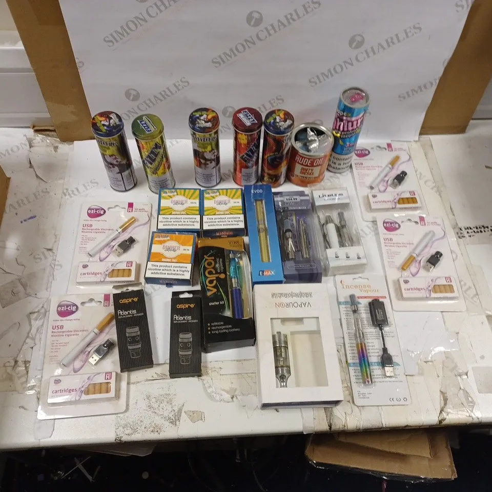 LOT OF ASSORTED E-CIGARETTE ASSOCIATED ITEMS TO INCLUDE BLOW ONE BLOWTANK PACK, EZI-CIG ELECTRONIC NICOTINE CIGARETTE, AND DINNER LADY MANGO TART ETC.