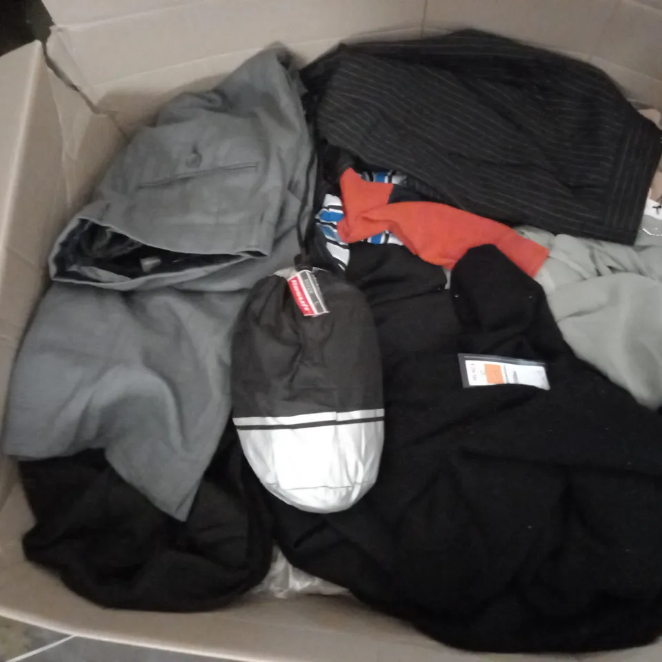  BOX OF ASSORTED CLOTHING ITEMS TOO INCLUDE DRESSES , SHIRTS AND TROUSERS IN VARIOUS SIZES AND COLOURS   