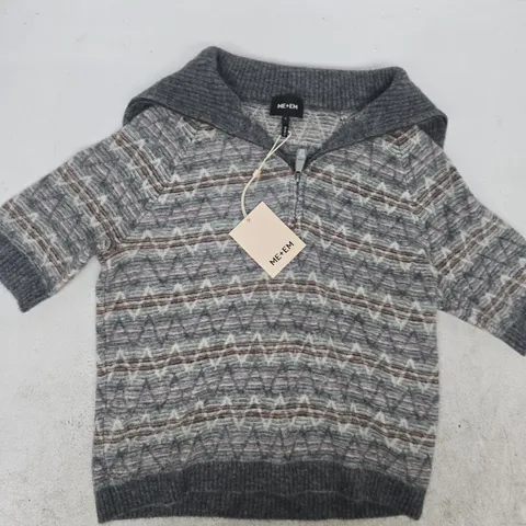 ME+EM HALF ZIP JACQUARD KNIT TEE IN GREY/MULTI SIZE SMALL
