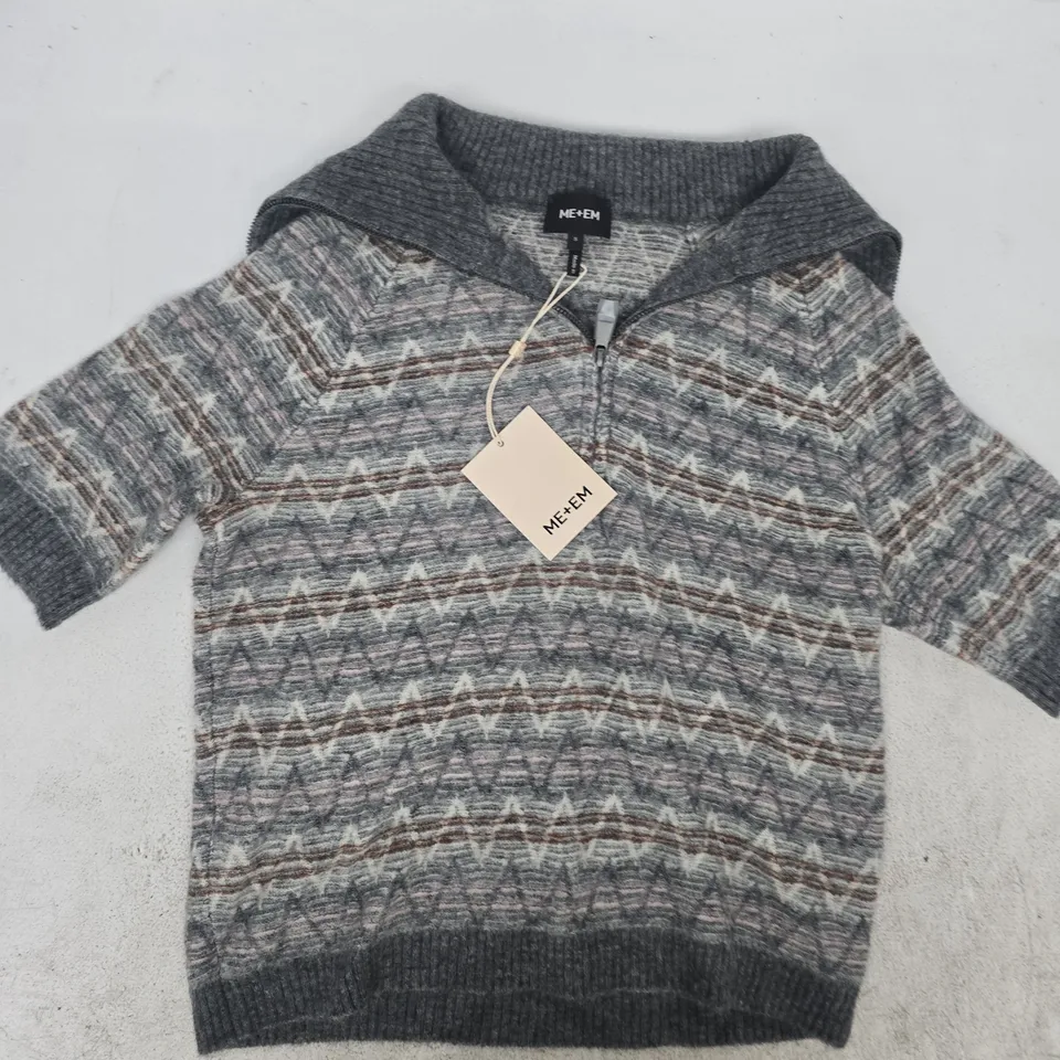 ME+EM HALF ZIP JACQUARD KNIT TEE IN GREY/MULTI SIZE SMALL