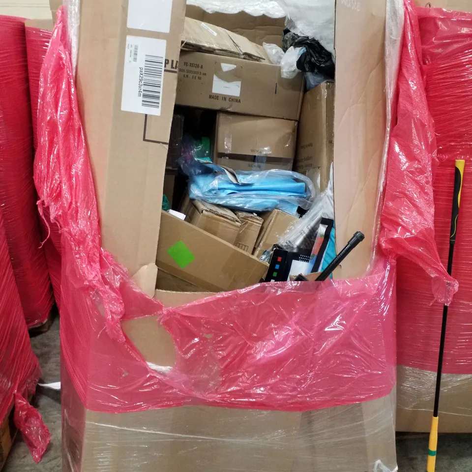 PALLET OF ASSORTED PRODUCTS INCLUDING POP UP GAZEBO/PAVILLON, FOOD PROCESSOR, FISHING TACKLE, UMBRELLA, PEDESTAL FAN
