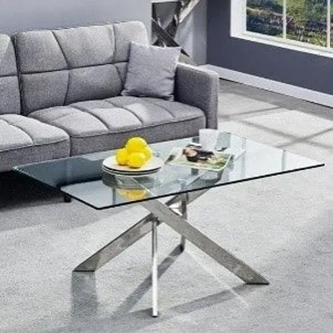 BOXED DAYTONA CLEAR GLASS RECTANGULAR COFFEE TABLE WITH STAINLESS STEEL LEGS (2 BOXES)