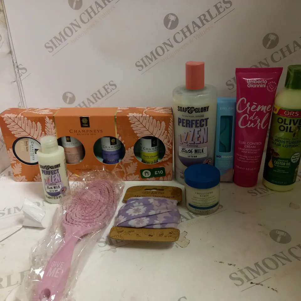 BOX OF ASSORTED COSMETIC ITEMS TO INCLUDE SHAMPOOS, HAIR LOTION AND FALSE NAILS
