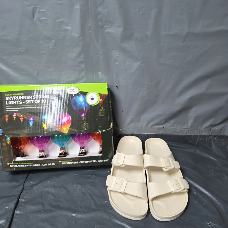 APPROXIMATELY 10 HOUSEHOLD ITEMS TO INCLUDE SOLAR LIGHTS AND SANDALS