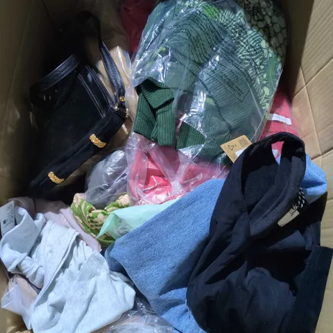 LARGE BOX OF APPROXIMATELY 25 ASSORTED CLOTHING ITEMS IN VARIOUS COLOURS, STYLES AND SIZES - COLLECTION ONLY