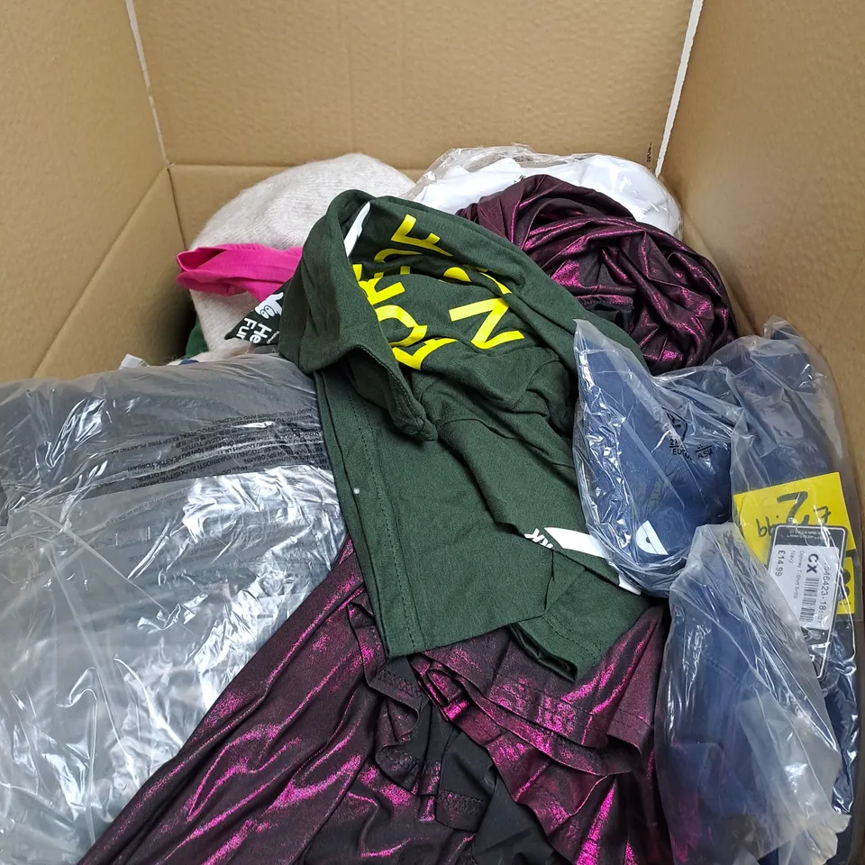 BOX OF ASSORTED CLOTHING ITEMS TOO INCLUDE JUMPERS, SHIRTS AND TROUSERS IN VARIOUS SIZES AND COLOURS   