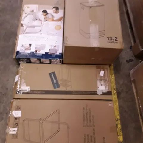 PALLET OF ASSORTED PRODUCTS INCLUDING PEDAL TRASH CAN, CLOTHES RACK WITH SHOE STORAGE, FOLDING CHAIR, BABY SLEEPER, FAN LIGHT