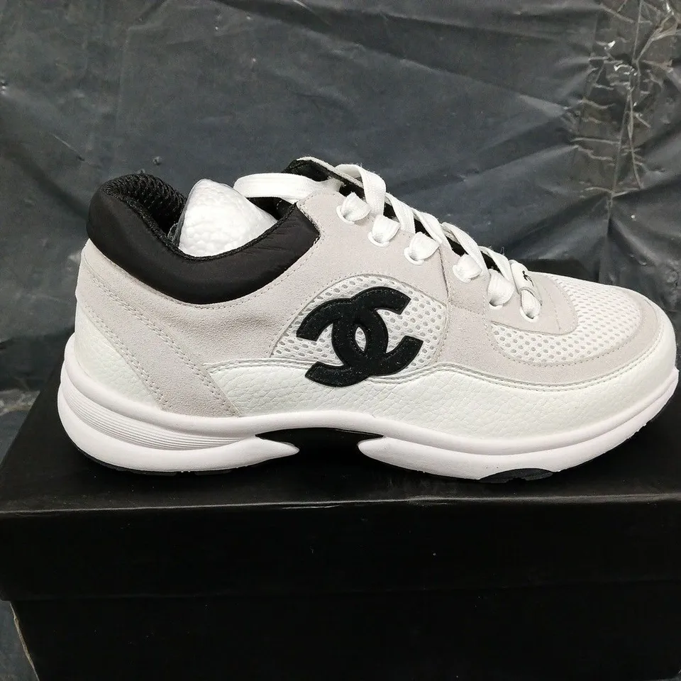 BOXED PAIR OF CHANEL MESH SUEDE TRAINERS - UK SIZE 38