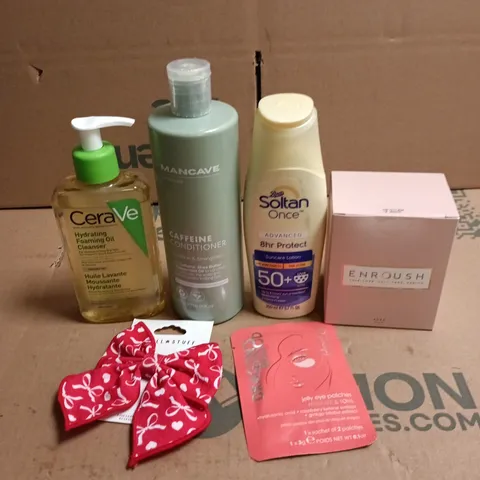 APPROXIMATEY 20 ASSORTED HEALTH AND BEAUTY PRODUCTS TO INCLUDE - ENROUSH ULTRA THIN PADS - MANCAVE CAFFEINE CONDITIONER AND SOLTAN ONCE SUN LOTION