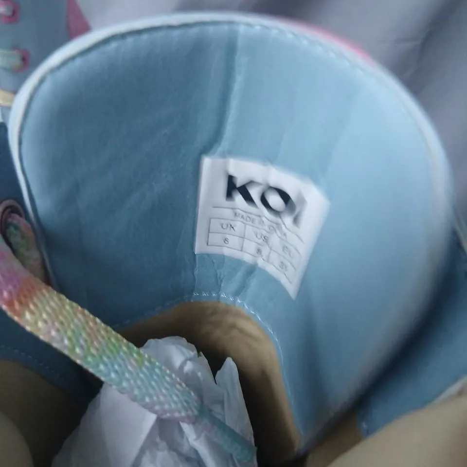 KOI KIDS PLATFORM BOOTS – BLUE WITH PINK GLITTER, LACES & CHARMS, UK 6 (US 7)