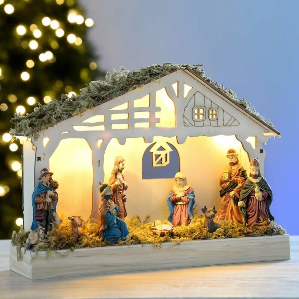 PRE LIT CHRISTMAS WOODEN NATIVITY SCENE DECORATIVE 