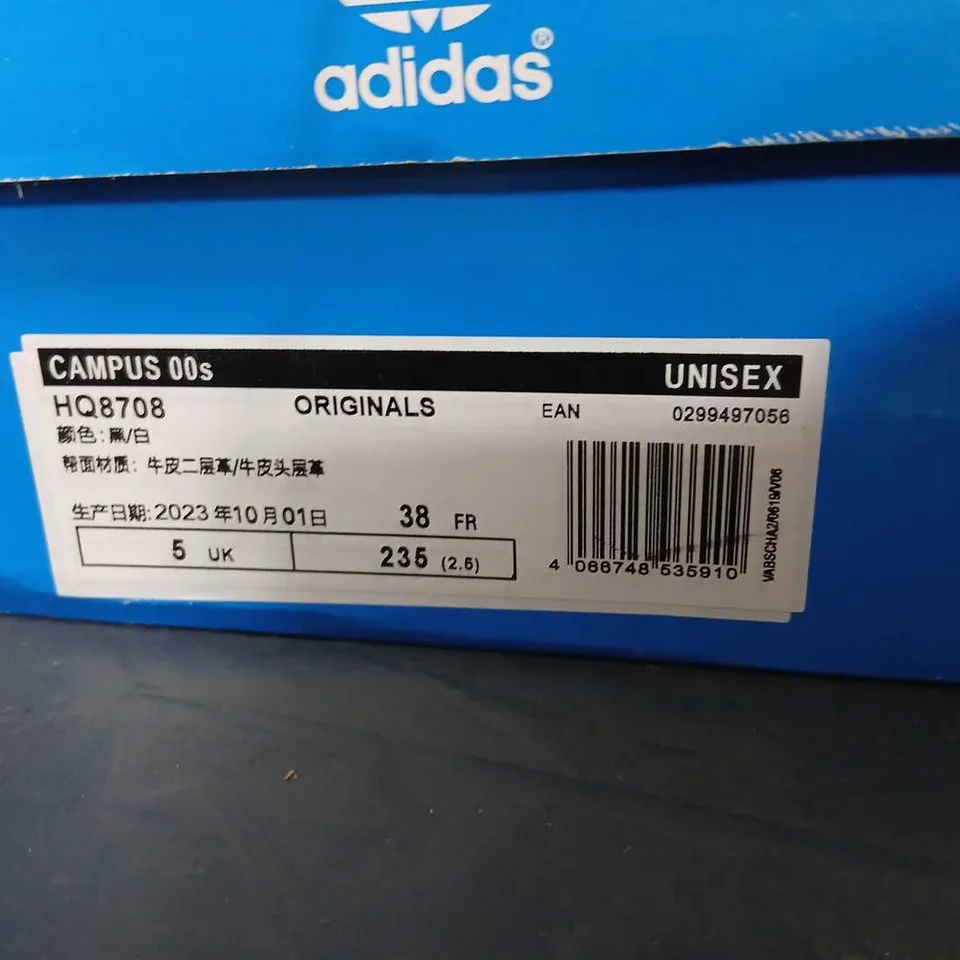 ADIDAS CAMPUS 00S ORIGINALS UNISEX SNEAKERS – BLACK/WHITE, UK 5