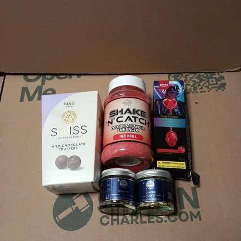 APPROXIMATELY 18 ASSORTED FOOD AND DRINK ITEMS TO INCLUDE M&S SWISS CHOCLATE, RED KRILL ENHANCER, AMOS AUDIO LOLLIPOP, INCENSE BLENDS ETC