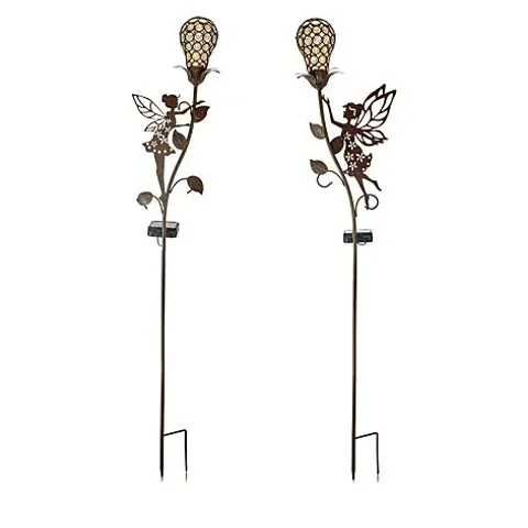 GARDEN STORIES SET OF 2 METAL FAIRY GLOBE STAKE LIGHTS BOXED