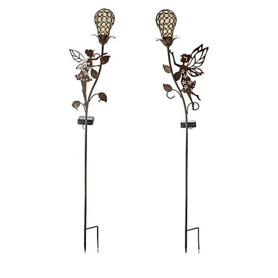 GARDEN STORIES SET OF 2 METAL FAIRY GLOBE STAKE LIGHTS BOXED