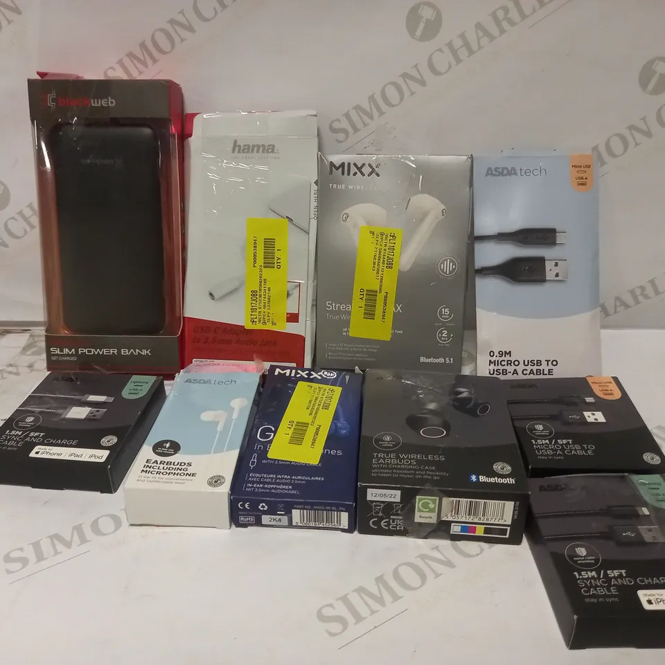 BOX TO CONTAIN APPROX. 20 X ASSORTED TECH PRODUCTS, INCLUDES POWER BANK, EARPHONES, CHARGING CABLES ETC 