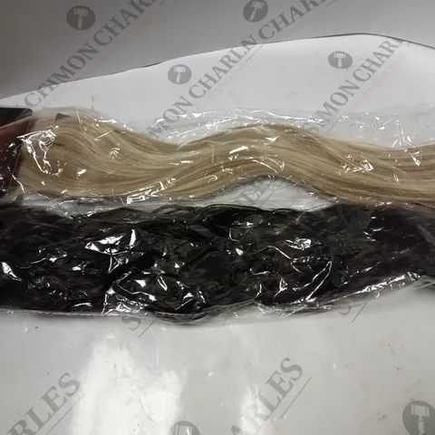 BOX OF 2 HAIR EXTENSION PIECES TO INCLUDE DEEP BROWN WAVY 18" WEFT & HIGHLIGHTED BLONE/MEDIUM BLONDE STRAIGHT 20" CLIP INS
