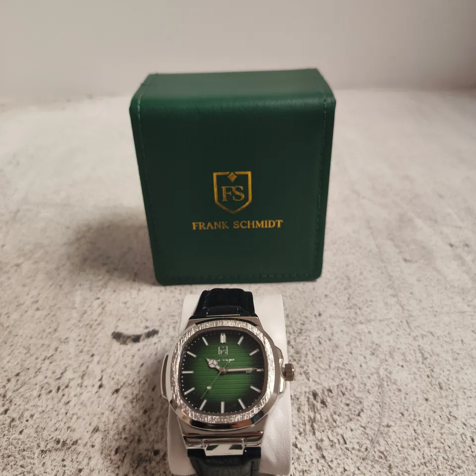 FRANK SCHMIDT FS WRISTWATCH – GREEN DIAL, STAINLESS STEEL CASE, BLACK LEATHER STRAP