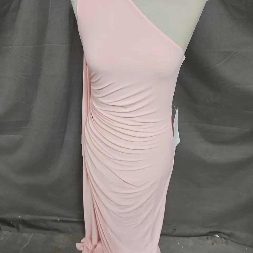 CLUB LONDON ADELINA ONE SHOULDER MAXI DRESS WITH DRAPE IN ROSE QUARTZ SIZE 12