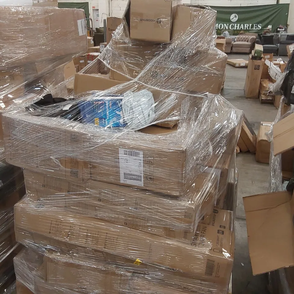 PALLET CONTAINING A LARGE ASSORTMENT OF CONSUMER PRODUCTS INCLUDING: SMART TOWER FANS, STAND FANS ECT