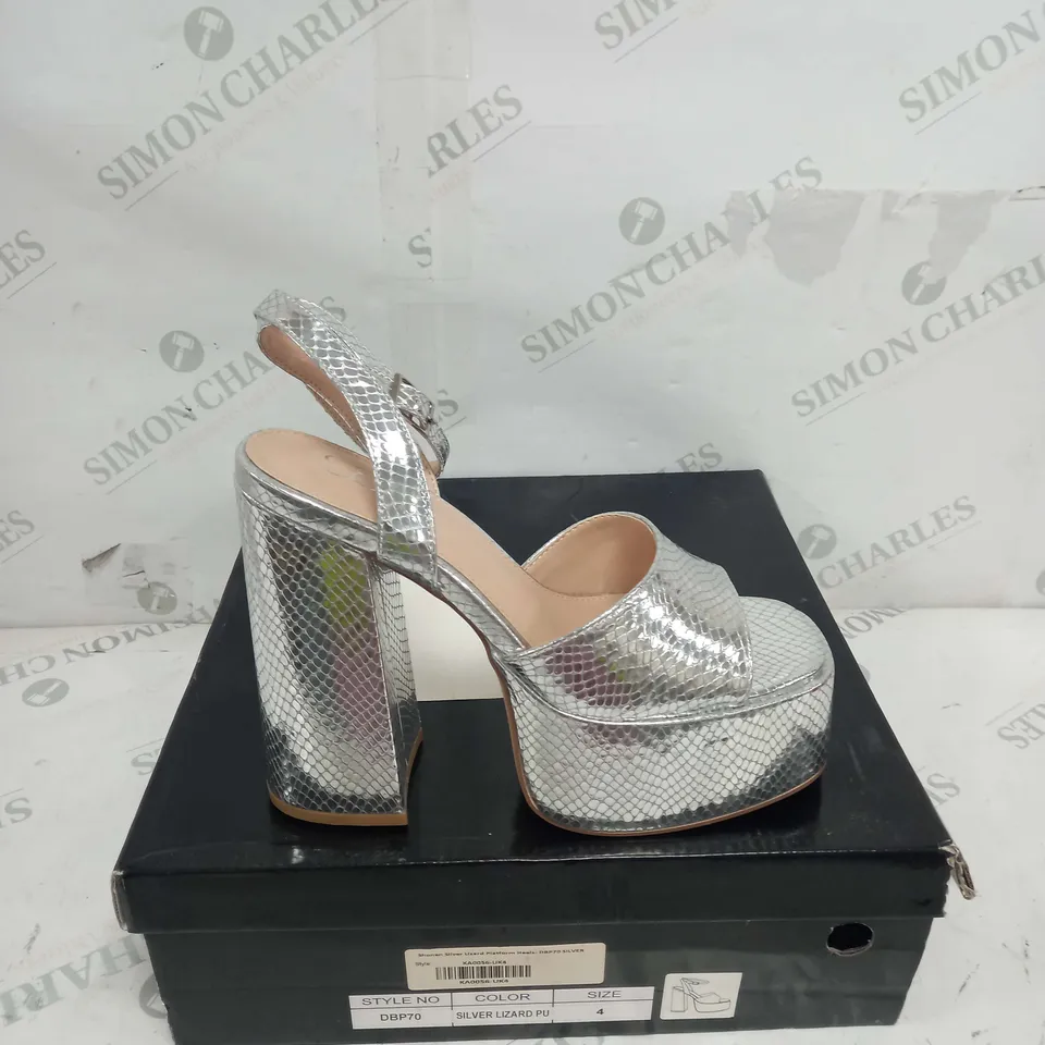BOXED PAIR OF KOI FOOTWEAR SHONEN PLATFORM STRAP HEELS IN SILVER LIZARD - SIZE 4