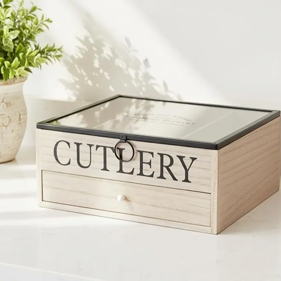 BOXED VINTAGE WOODEN 5 COMPARTMENT OPEN LID CUTLERY UTENSIL ORGANISER RACK HOLDER
