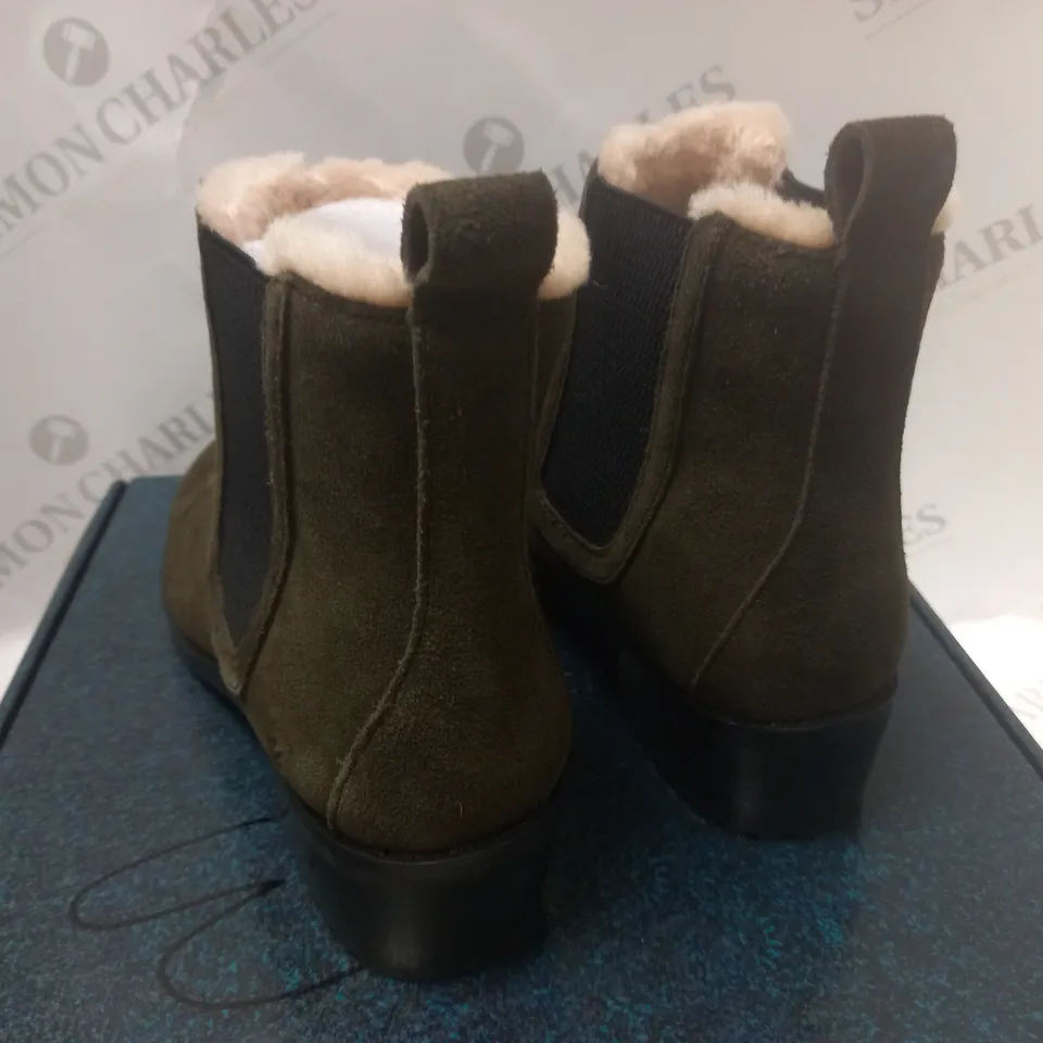 BOXED ELLIN SUEDE OLIVE ANKLE BOOTS - SIZE 6