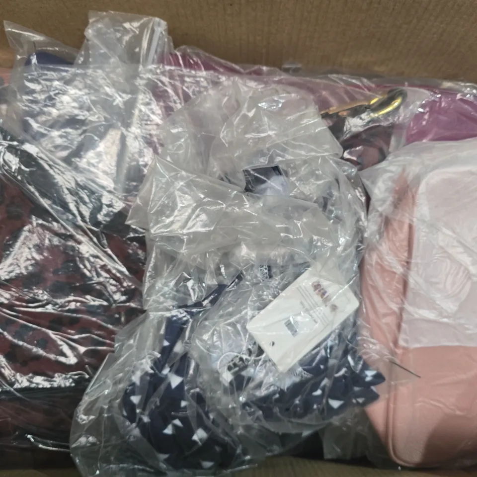 BOX OF APPROXIMATELY 20 ASSORTED HOUSEHOLD ITEMS TO INCLUDE CLOTHING IN VARIOUS STYLES AND SIZES, ETC