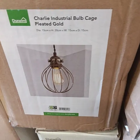 BOXED DUNELM CHARLIE INDUSTRIAL BULB CAGE PLEATED GOLD