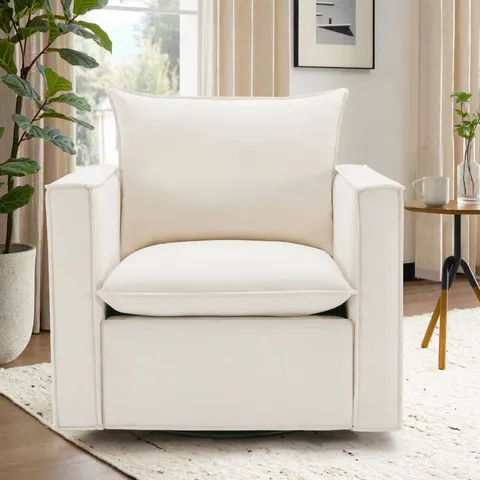 BOXED VELVET SWIVEL CHAIR PLUSH UPHOLSTERED ARMCHAIR W/ 360 ROTATION & STURDY BASE - WHITE