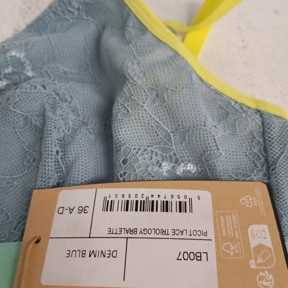 LEMONADE LACE BRALETTE – BLUE-GREY WITH YELLOW STRAPS, UK 36 (36 A-D) BRAND TAG ATTACHED