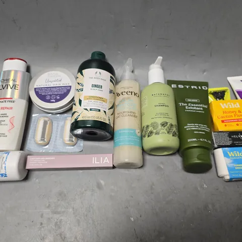 APPROXIMATEY 15 ASSORTED HEALTH AND BEAUTY PRODUCTS TO INCLUDE ESTRID EXFOLIANT, AVEENO CLEANSER, AND BODY SHOP CONDITIONER ETC. 