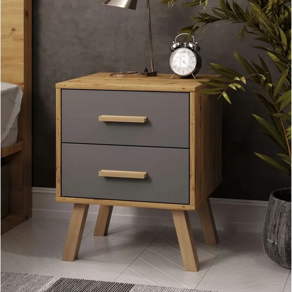 BOXED ARNDT 2 DRAWER BEDSIDE TABLE - OAK & GREY (1 BOX)