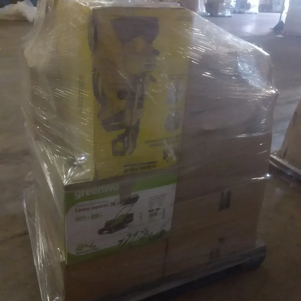 PALLET OF ASSORTED ELECTRICAL ITEMS INCLUDING PORTABLE CD AND CASSETTE PLAYER, 36CM BATTERY POWERED LAWN MOWER, HIGH PRESSURE WASHER, 1600W HAIRDRYER, INFLATABLE POOL