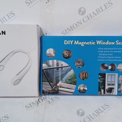 BOX OF APPROXIMATELY 20 ASSORTED HOUSEHOLD ITEMS TO INCLUDE DIY MAGNETIC WINDOW SCREEN, ELECTRIC NECK FAN, ETC