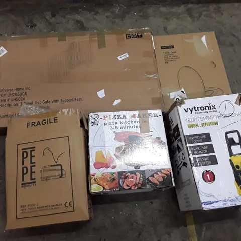PALLET OF ASSORTED PRODUCTS INCLUDING TOILET SEAT, PIZZA KITCHEN, 3 PANEL PET GATE, PRESSURE WASHER, TOILET RISER WITH HANDLES