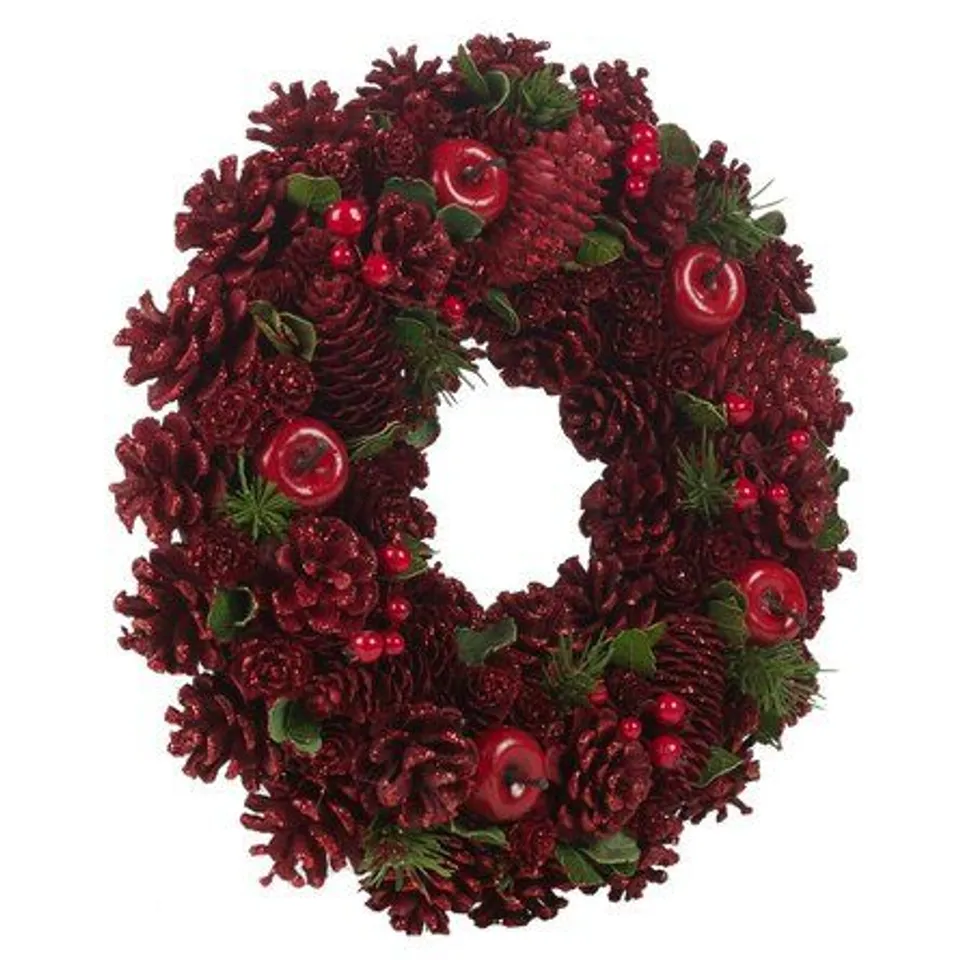 BOXED CHRISTMAS PINECONES ARTIFICIAL RED WREATH 