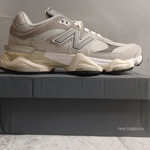 BOXED PAIR OF NEW BALANCE 9060 TRAINERS IN TAUPE/GREY SIZE UK 10.5