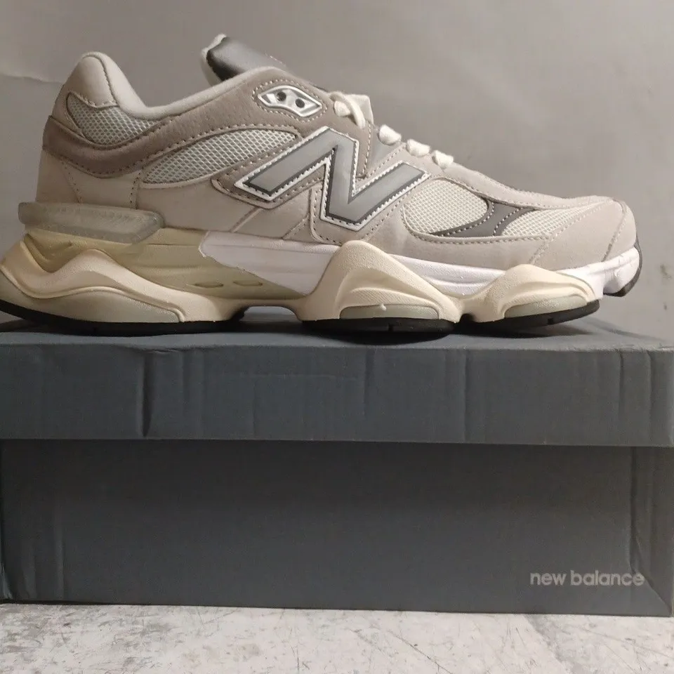 BOXED PAIR OF NEW BALANCE 9060 TRAINERS IN TAUPE/GREY SIZE UK 10.5