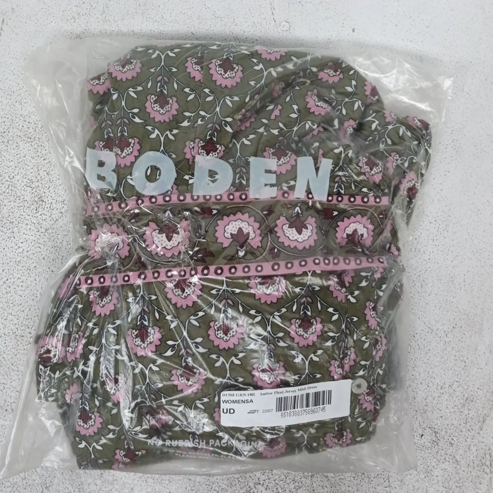BAGGED BODEN AMBER PLEAT JERSEY MIDI DRESS IN GREEN/PINK SIZE 18R