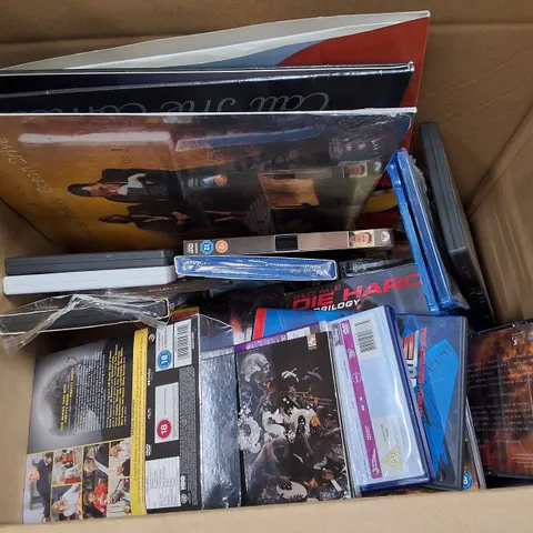 BOX CONTAINING ASSORTED DVDS, MOVIES & MUSIC INCLUDING THE INBETWEENERS MOVIE, HYRULE WARRIORS FOR NINTENDO SWITCH, CURB YOUR ENTHUSIASM COMPLETE SERIES & LIGHTHOUSE FAMILY OCEAN DRIVE VINYL