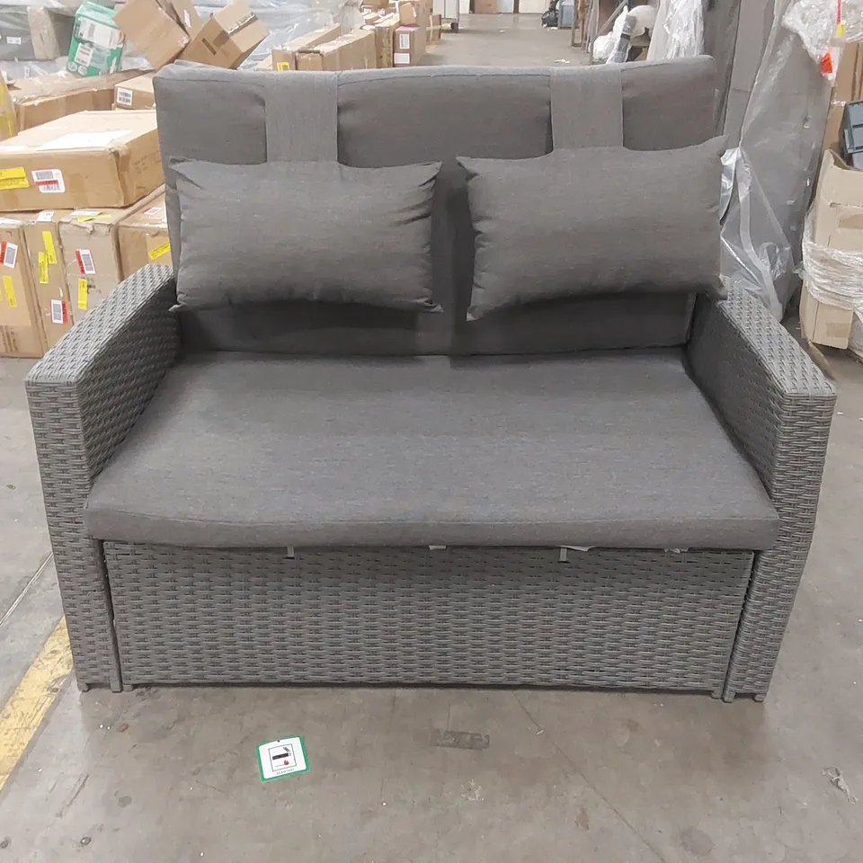 DESIGNER GREY RATTAN 2-SEATER SOFA WITH PULL-OUT GLASS TOP COFFEE TABLE
