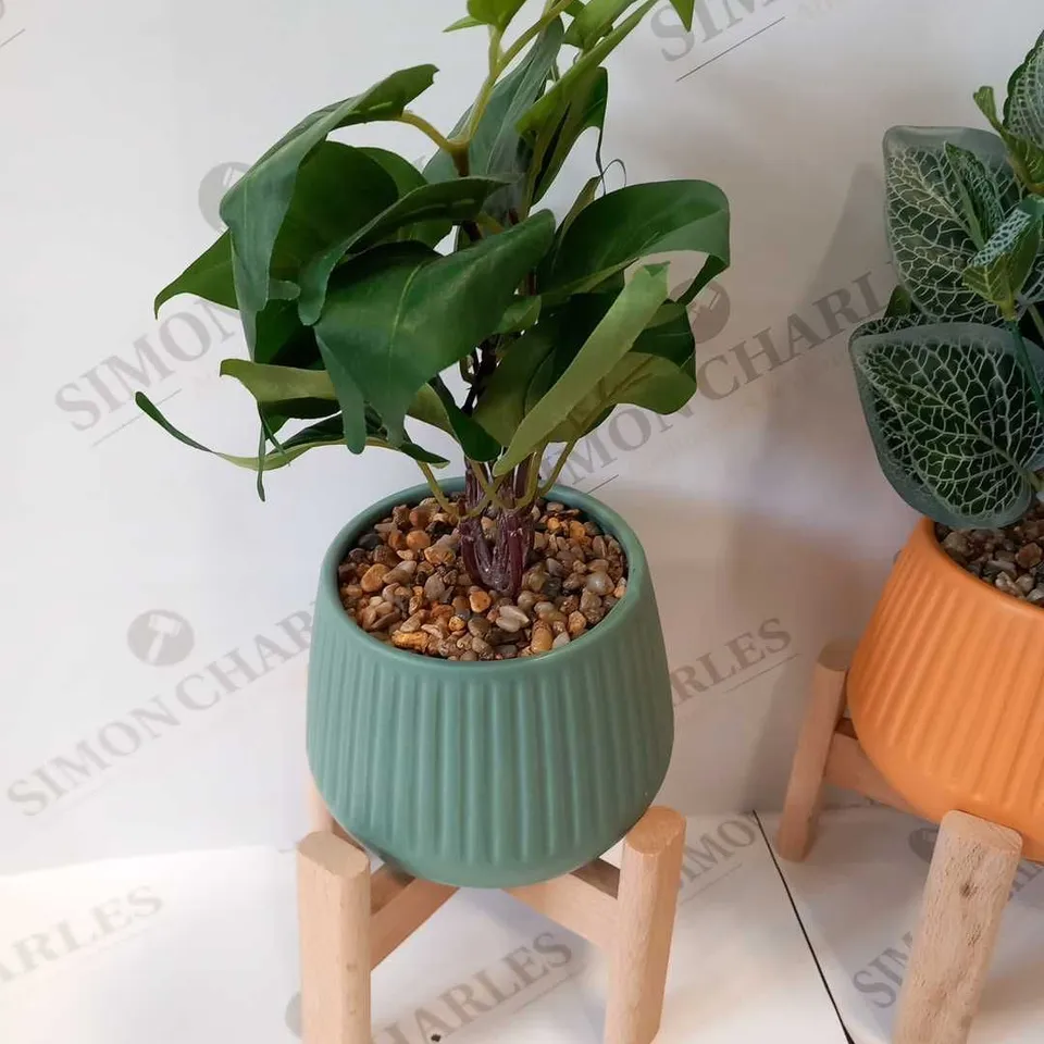 BRAND NEW BUNDLEBERRY BY AMANDA HOLDEN SET OF 3 PLANTERS ON WOODEN STANDS WITH FAUX PLANTS