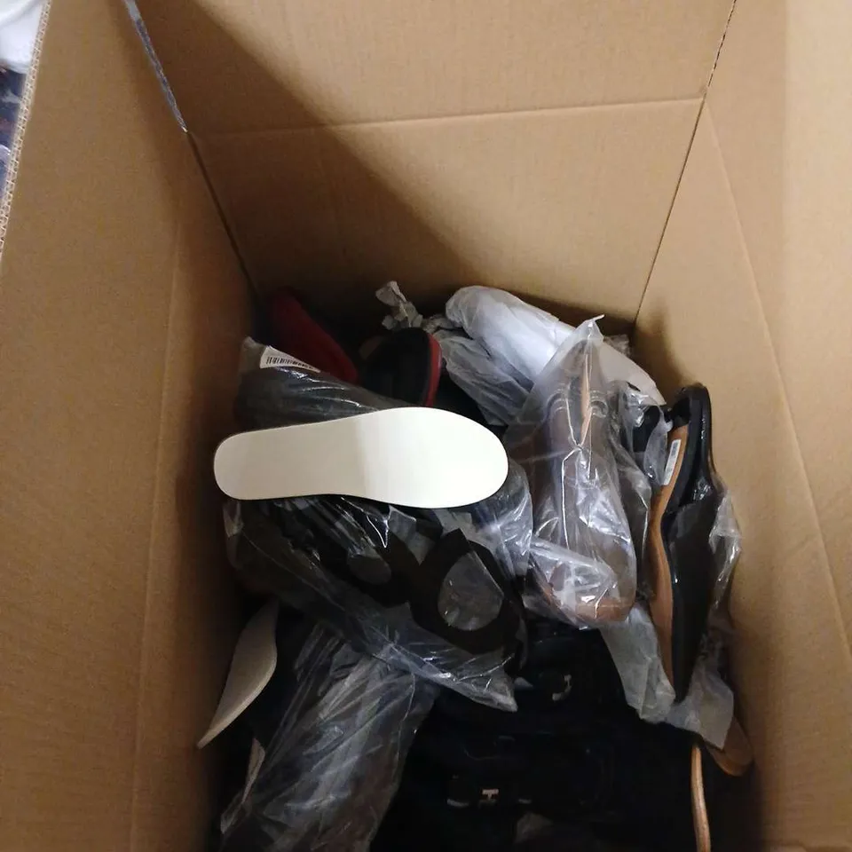 BOX OF APPROXIMATELY 18 PAIRS OF ASSORTED SHOES IN VARIOUS COLOUR, STYLES AND SIZES