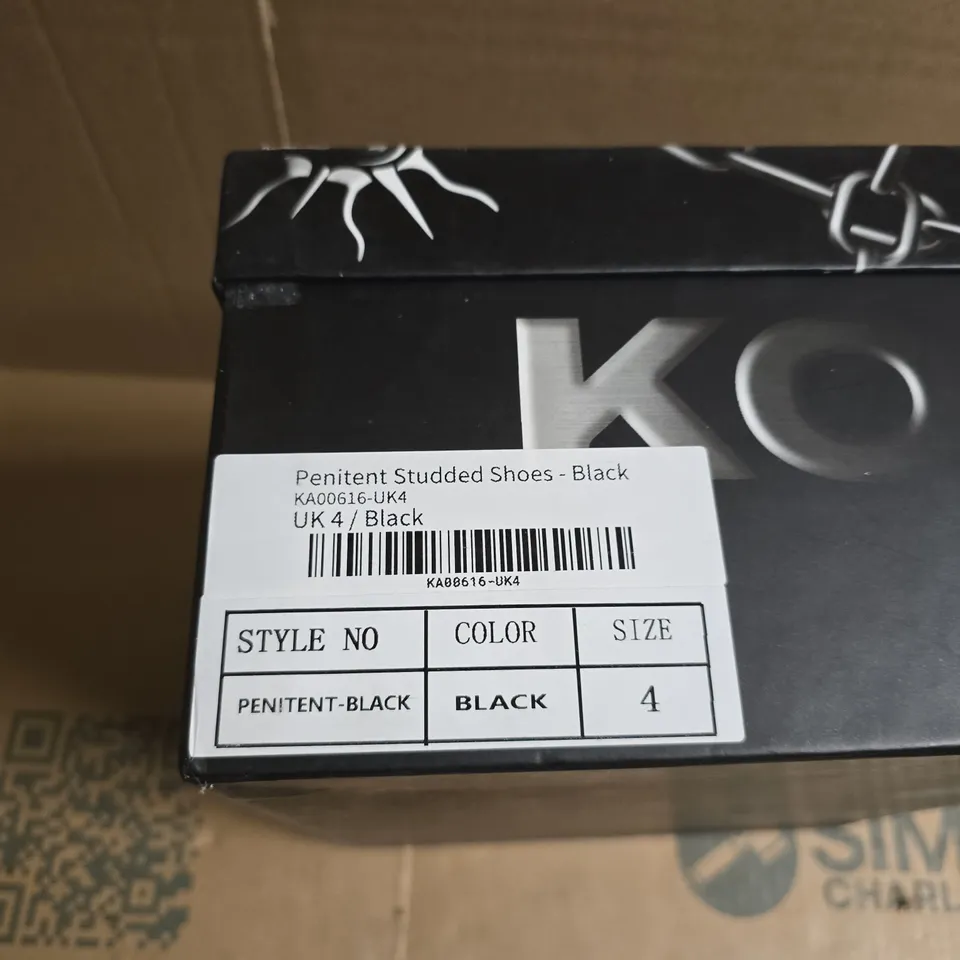 BOXED PAIR OF KOI PENITENT STUDDED SHOES – BLACK, UK4