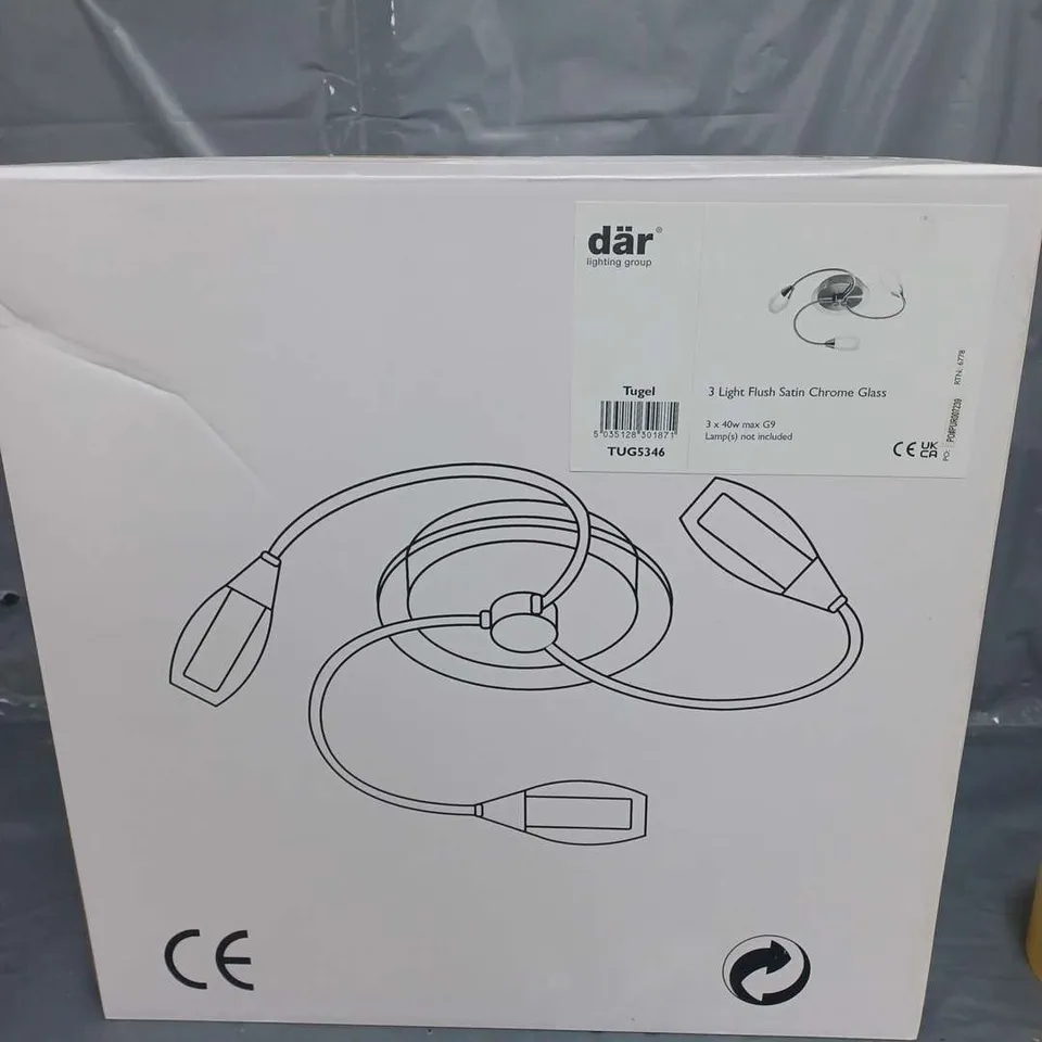 BOXED DAR 3 LIGHT FLUSH SATIN CHROME GLASS CEILING LIGHT 